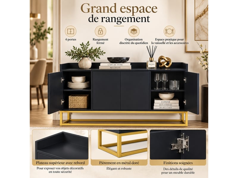  Buffet meuble de rangement 4 portes et étagère réglable, moderne, 120 x 30 x 80 cm noir  - Conforama E