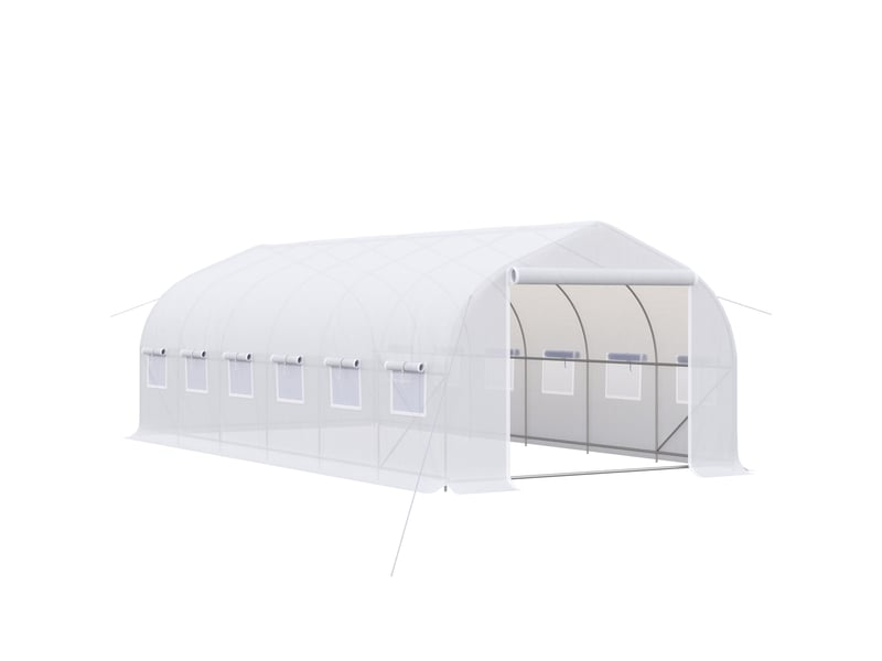  Serre tunnel extérieur 6x3x2 m, 12 fenêtres, porte enroulable zip métallique, plantes, blanche.  - Conforama A