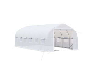 Serre tunnel extérieur 6x3x2 m, 12 fenêtres, porte enroulable zip métallique, plantes, blanche.