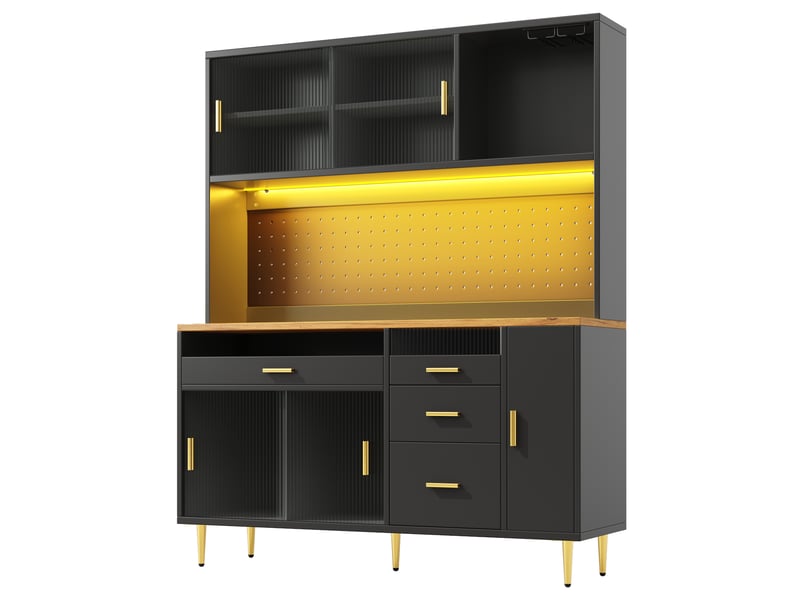 Buffet haut 145x39x171 cm avec led connectée, portes vitrées coulissantes, porte-verres et rangement réglable, mdf noir OMNIGLINT TRADING LTD - Conforama A