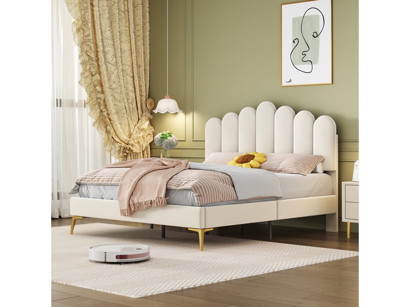  Lit capitonné 140 x 200 cm beige avec tête de lit réglable et sommier à lattes, velours doux  - Conforama C