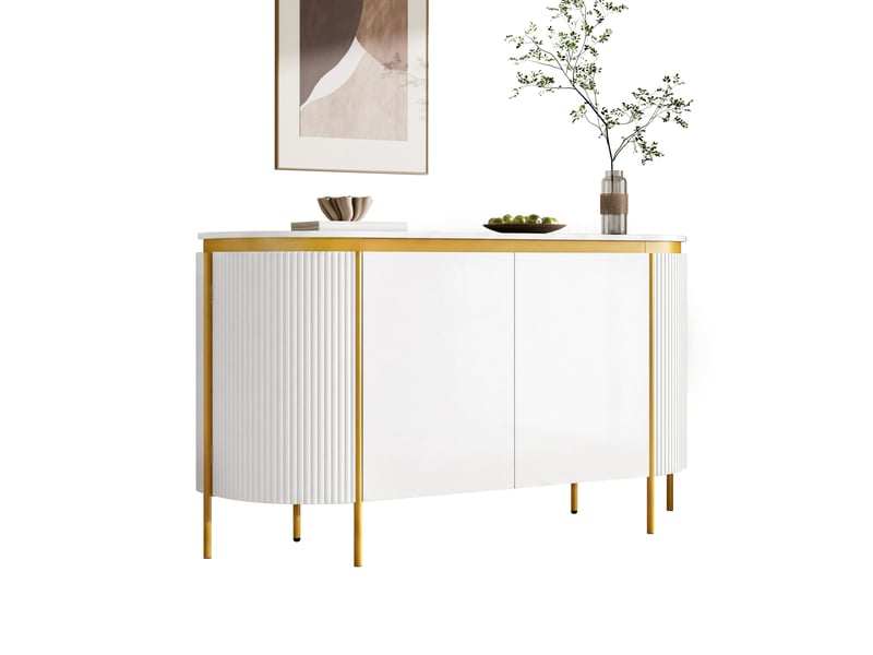  Buffet bas 140x38x80 cm avec 4 portes sans poignées mdf couleur blanc et doré, design élégant  - Conforama A