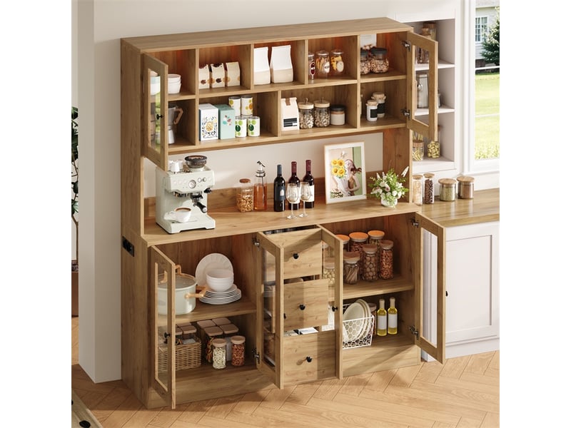 Buffet 150 x 40 x 173 cm - armoire de cuisine haute avec portes vitrées, 3 tiroirs, led et prises - bois naturel - Conforama D