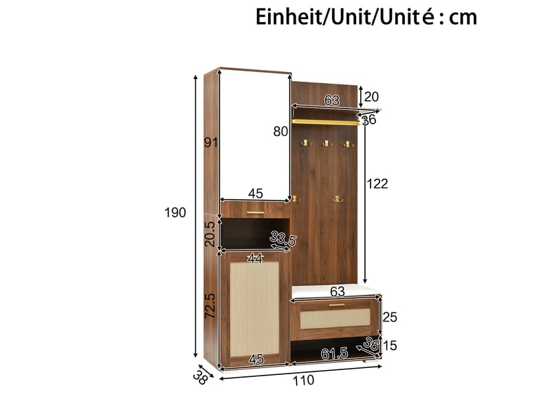  Meuble d'entrée avec miroir, 3 portes, niches led, banc à coussin et 6 patères pour couloir, 110 × 38 × 190 cm  - Conforama E