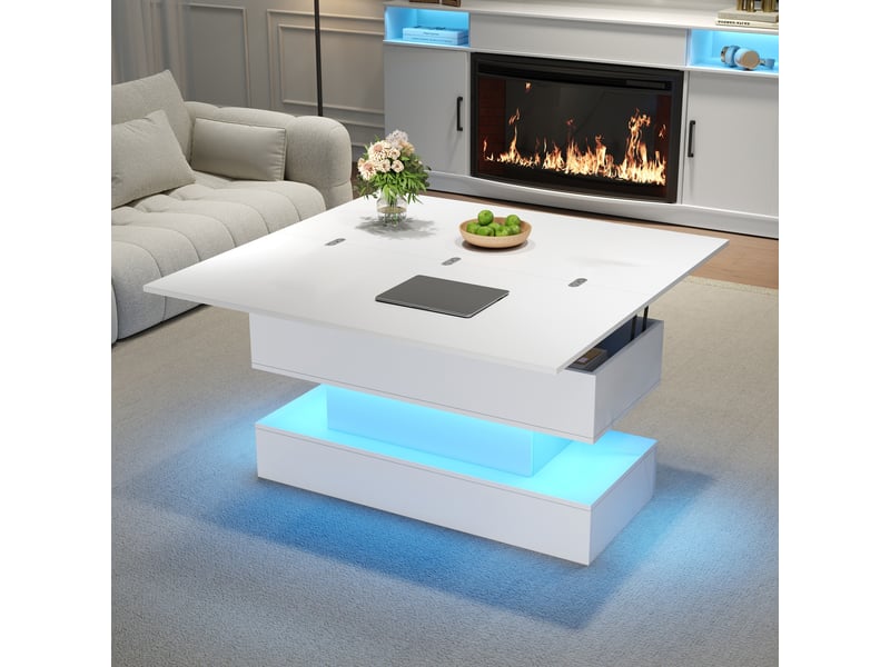  Table basse relevable 100x50x51,5 cm, plateau dépliable 100x100 cm, hauteur réglable, led, usb-c, prise intégrée et rangement caché - blanc  - Conforama B
