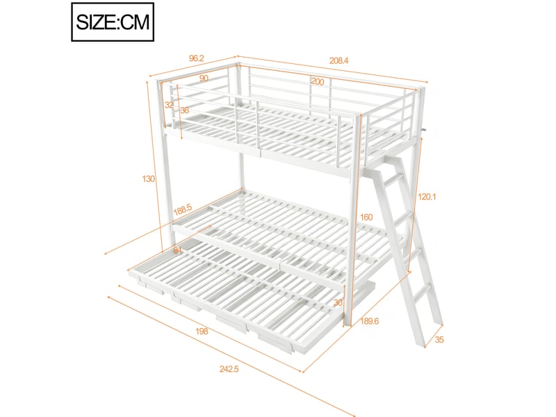  Lit superposé enfant 90x200 cm avec lit gigogne, en métal blanc, sans matelas  - Conforama C