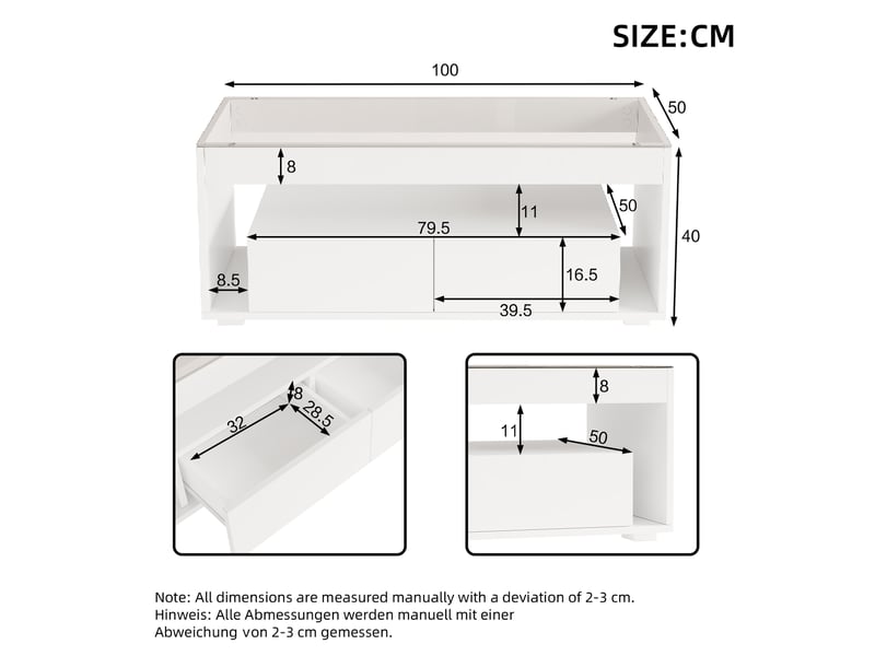  Table basse rectangulaire blanc avec 2 tiroirs - 50x100 cm led panneau de particules table basse blanc - Conforama C