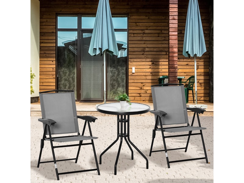  Ensemble de jardin 3 pièces 2 chaises inclinables multi-positions pliables table ronde verre trempé métal textilène gris  - Conforama C