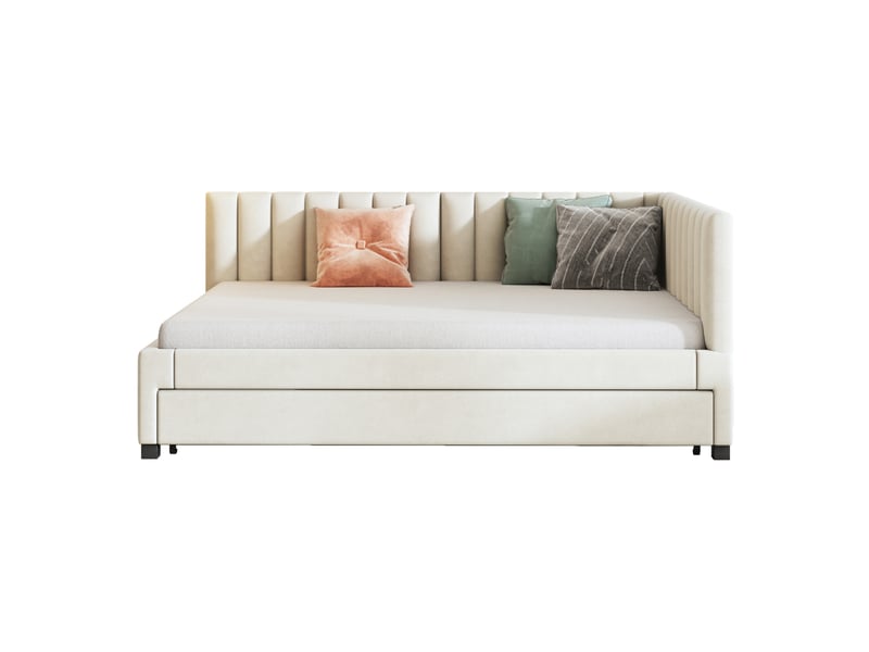 Lit banquette 200×140 cm avec couchage gigogne 190×90 cm et sommier à lattes, sans matelas, en velours beige - Conforama A