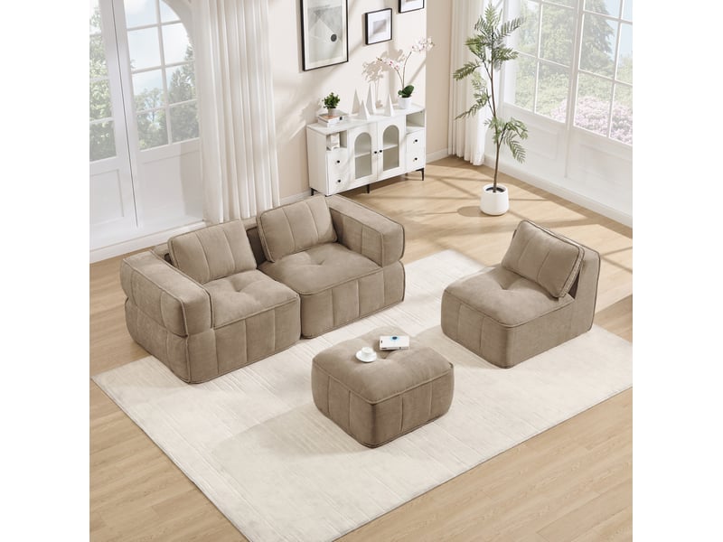 Canapé d'angle modulable 3 places avec pouf, en polyester sable - Conforama B