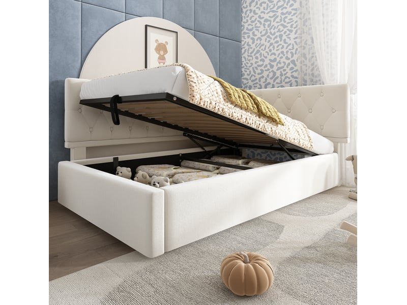  Lit coffre tcqpz 90 x 190 cm en velours beige avec rangement hydraulique, tête de lit réversible, sans matelas  - Conforama D