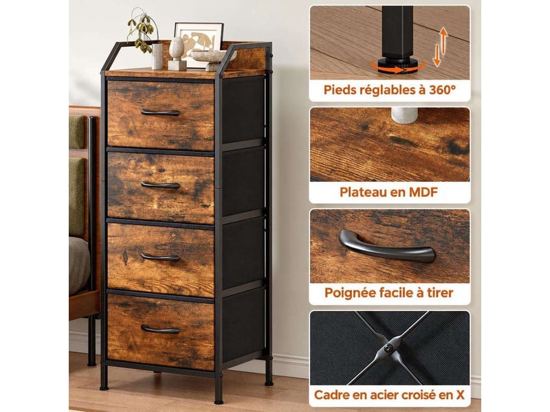  Chiffonnier meuble 43x30x98 cm quatre tiroirs tissu marron rustique et metal noir  - Conforama B