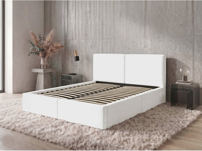  Lit coffre rembourré 140x200 2 places avec sommier relevable gratuit inclus et tête de lit - lit adulte avec rangement – blanc Hilton Interbeds - Conforama E