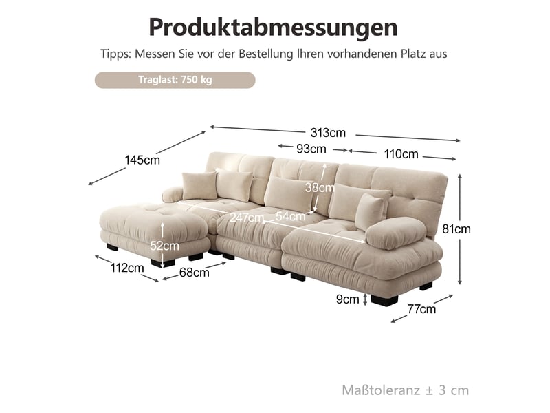  Canapé d’angle modulable 313x145x81 cm, canapé nuage en l, avec pouf et accoudoirs, revêtement chenille beige clair  - Conforama C
