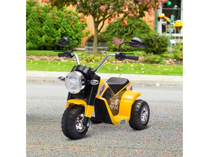  Moto électrique enfant chopper tout-terrain 6 v 20 w marche av ar 3 roues effets lumineux et sonores jaune noir  - Conforama D