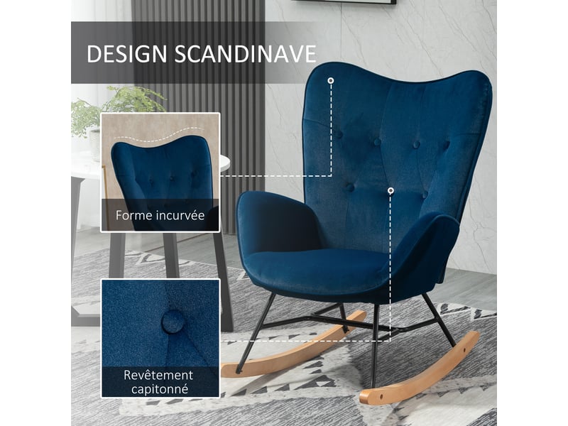 Fauteuil à bascule, rocking chair, fauteuil allaitement confortable avec structure en bois massif et métal pour salon, chambre, balcon, velours bleu - Conforama D