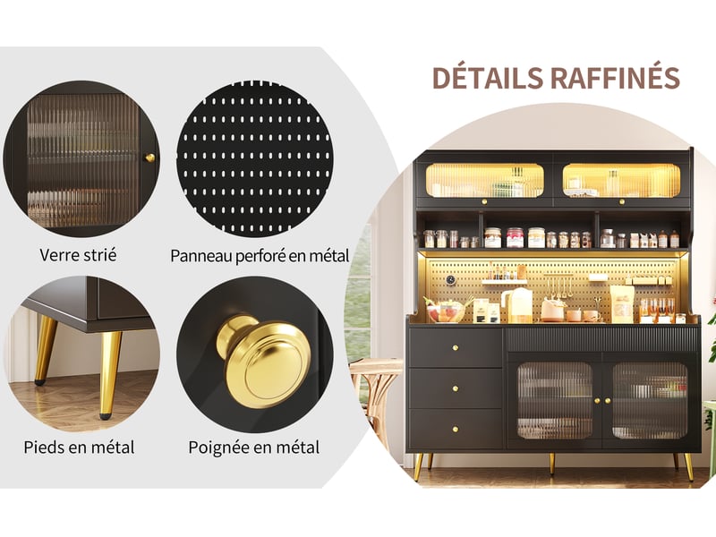 Meuble haut de rangement, coloris noir, 145 × 39 × 171 cm, mdf, métal et verre, led rgb pilotable par application - Conforama D