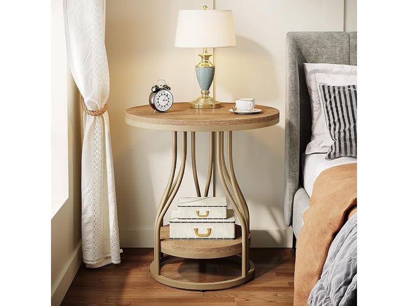  Table d'appoint ronde à deux niveaux, table de chevet moderne, petite table d'appoint avec rangement pour le salon ou la chambre, avec structure en métal.  - Conforama D