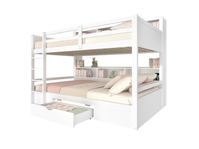  Lit superposé enfant 90 x 200 cm avec tiroir et rangements latéraux, blanc  - Conforama A