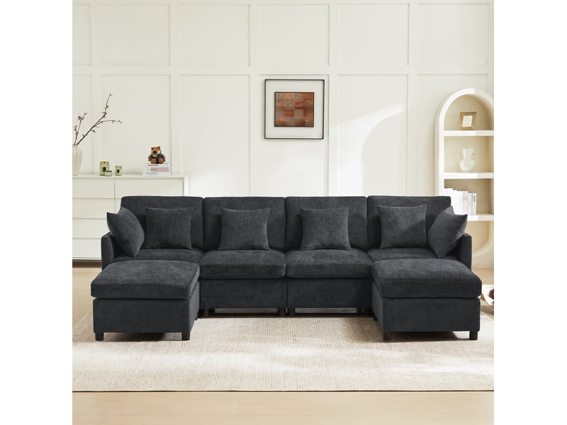  Canapé modulaire en u 278x161x81cm, 2 poufs inclus, meuble de salon, structure en bois et métal, tissu chenille, gris  - Conforama D