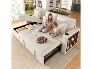 Canapé convertible 3 places chenille beige clair - canapé-lit extensible avec rangement de rangement et récamière