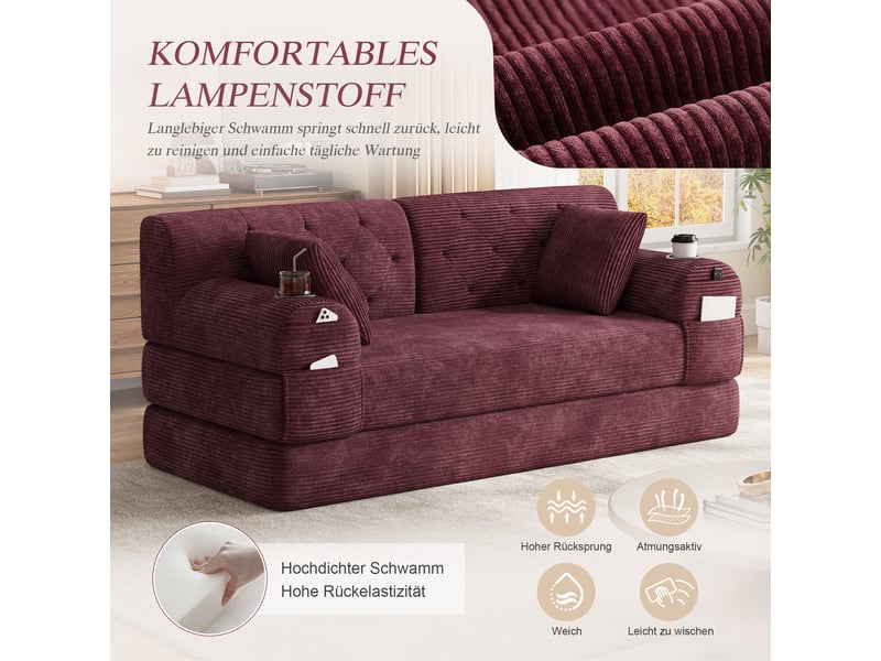  Canapé droit convertible 2 places en velours côtelé rouge, dossier haut, porte-gobelets, poches, 168x80x81 cm 168x80x81cm - Conforama E