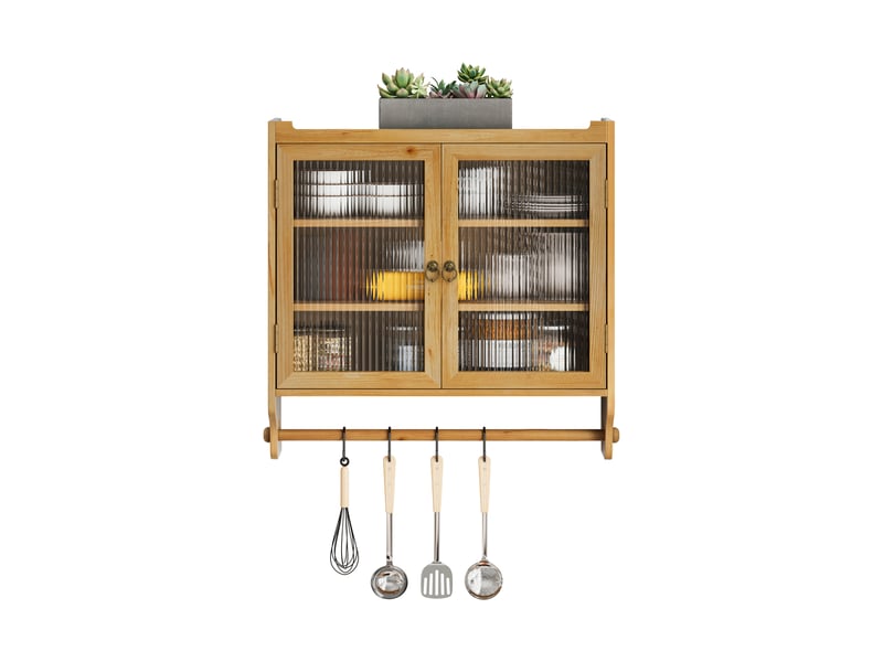  Armoire murale de cuisine avec portes vitrées, étagère et porte-serviettes, mdf, naturel  - Conforama A