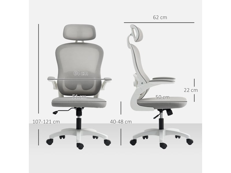  Chaise de bureau ergonomique avec dossier en maille, réglable en hauteur, accoudoirs rabattables, 5 roulettes, fonction bascule, grise  - Conforama E
