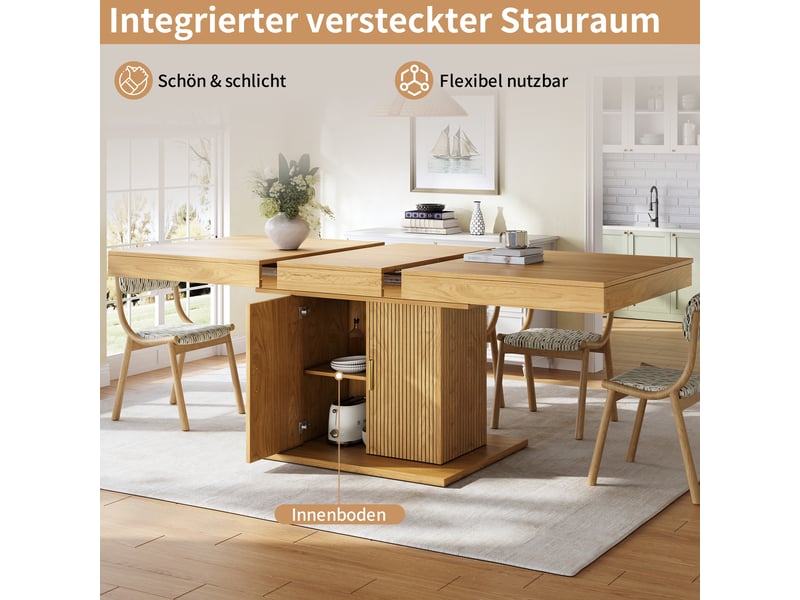  Table à manger extensible 140 à 180 x 90 x 75,2 cm en mdf avec colonne de rangement à portes striées, finition chêne clair ou noyer.  - Conforama D