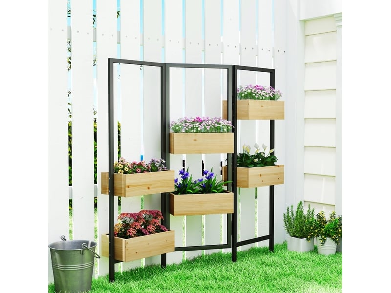  Jardinière avec paravent 116x20x112 cm – bois naturel et noir – 6 bacs pliables à drainage efficace  - Conforama B