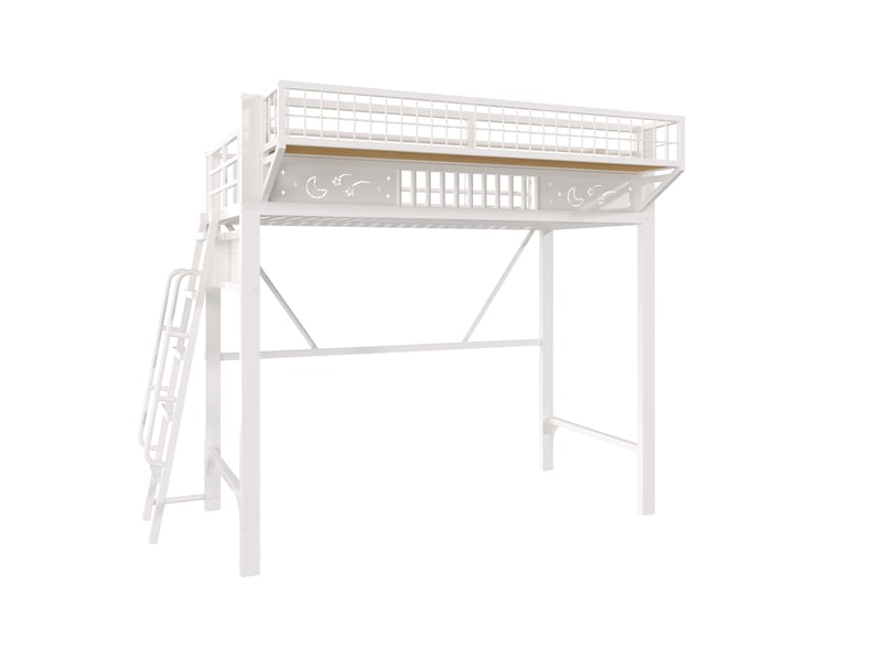  Lit mezzanine 90 × 200 cm 1 place avec rangements, espace ouvert et escalier réversible, sans matelas, métal blanc  - Conforama B