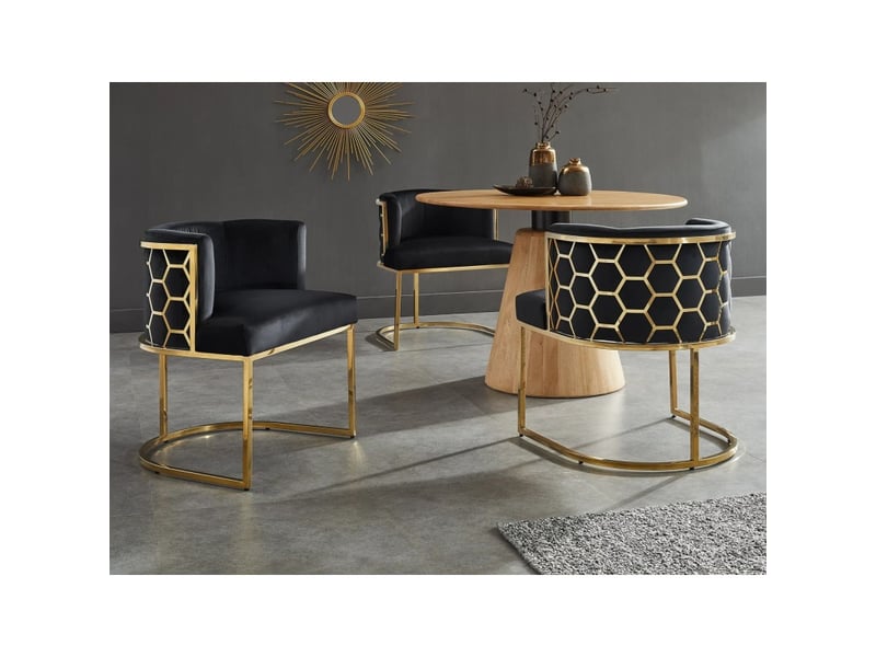  Chaise velto noire en velours – structure dorée brillante, accoudoirs et dossier graphique nid d'abeilles  - Conforama B