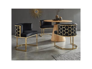 Chaise velto noire en velours – structure dorée brillante, accoudoirs et dossier graphique nid d'abeilles