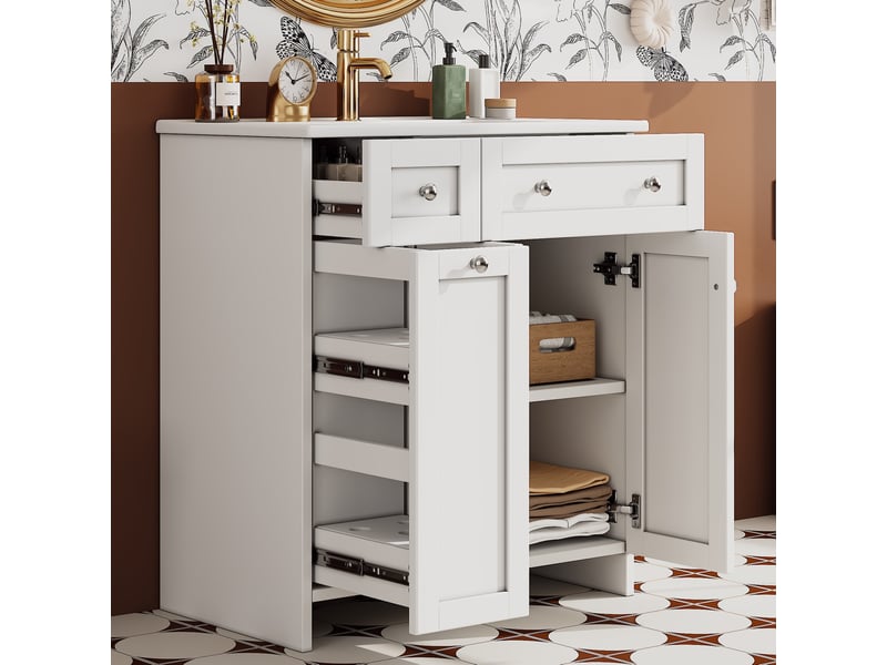  Meuble sous vasque 1 porte, 3 tiroirs, vasque en céramique, finition laquée blanche pour salle de bain, 76×47×86 cm  - Conforama B