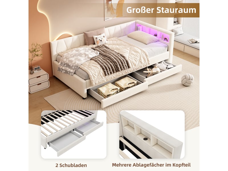 Lit de jour 90x200 cm canapé-lit en lin avec led usb type c et 2 tiroirs de rangement beige - Conforama E