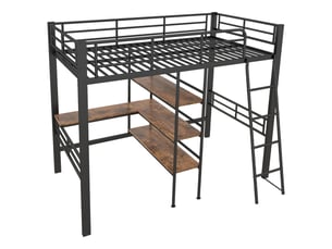 Lit mezzanine 90x200 cm noir – bureau intégré, étagères, échelle, cadre métal – sans matelas