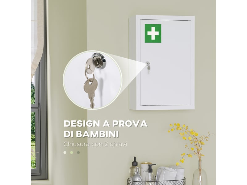  Armoire à pharmacie en acier inoxydable à 3 étagères avec 2 clés et fixation murale, 30 x 14 x 46 cm, blanche  - Conforama D