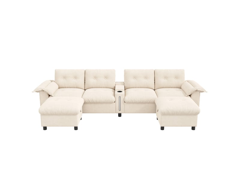  Canapé d'angle modulable,6 places, avec porte-gobelets, usbtype-c et led,312 x 142 x 82cm,beige  - Conforama A