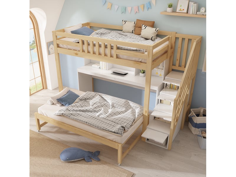  Lit superposé enfant 90 × 200 cm et 90 × 190 cm avec bureau, rangement et lit gigogne, sans matelas, blanc chêne  - Conforama C