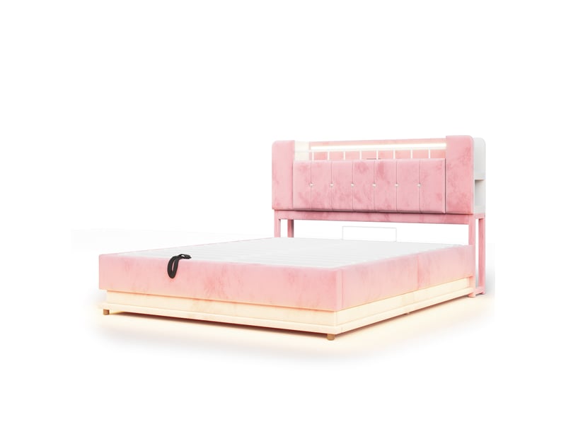  Lit coffre,160x200 cm,avec led, usb et rangement hydraulique,velours,rose  - Conforama D