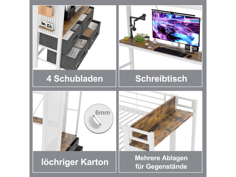  Lit mezzanine 90 x 200 cm, fer, bureau, étendoir, étagères, 4 tiroirs, usbtype-c, led, rambarde, échelle, panneau, blanc, sans matelas  - Conforama D