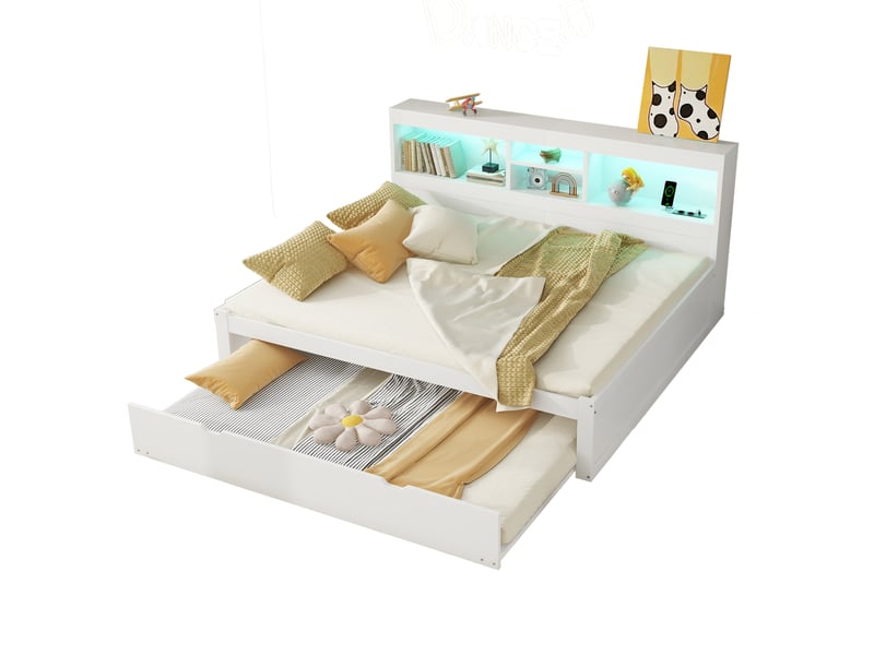  Lit gigogne 140x200 cm avec led, prises usb, rangement et lit tiroir blanc  - Conforama A