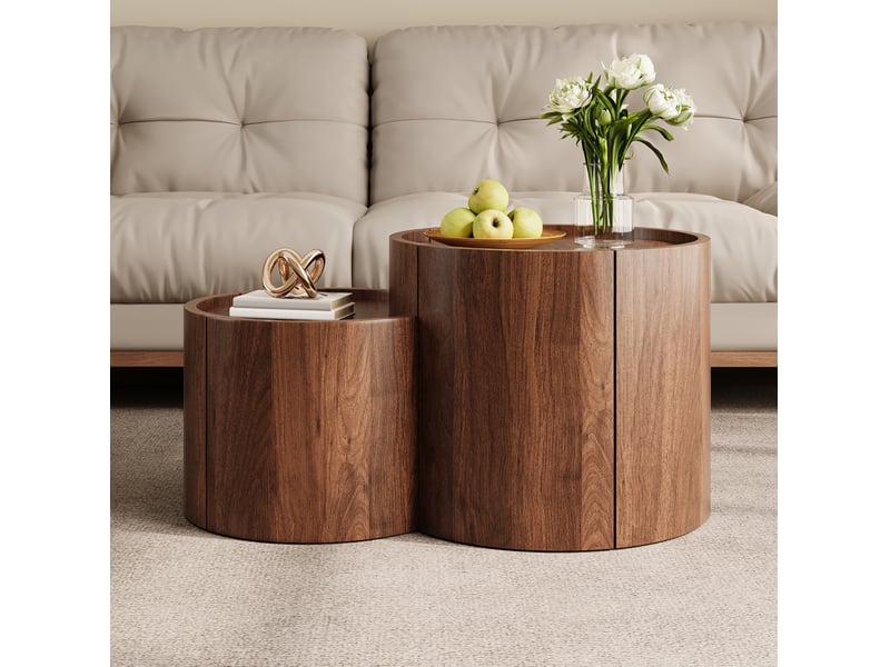  Table basse ronde 77,5 x 47,5 x 40 cm – noyer – rangement intégré, tiroirs et design arrondi  - Conforama D