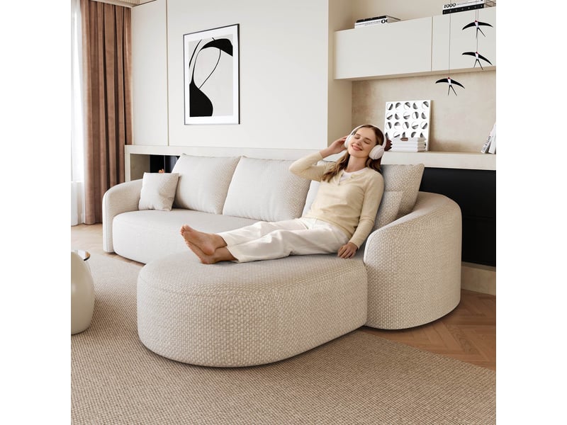  Canapé d'angle modulable en l 266 cm, mousse compressée sans montage canapé 4 places sans armature en bois, tissu chenille blanc Sol Morn - Conforama D