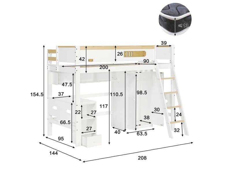  Lit mezzanine enfant 90x200 cm, avec bureau, armoire penderie intégrée, escalier à 4 marches et étagères ouvertes, en bois de pin massif et mdf, blanc  - Conforama E