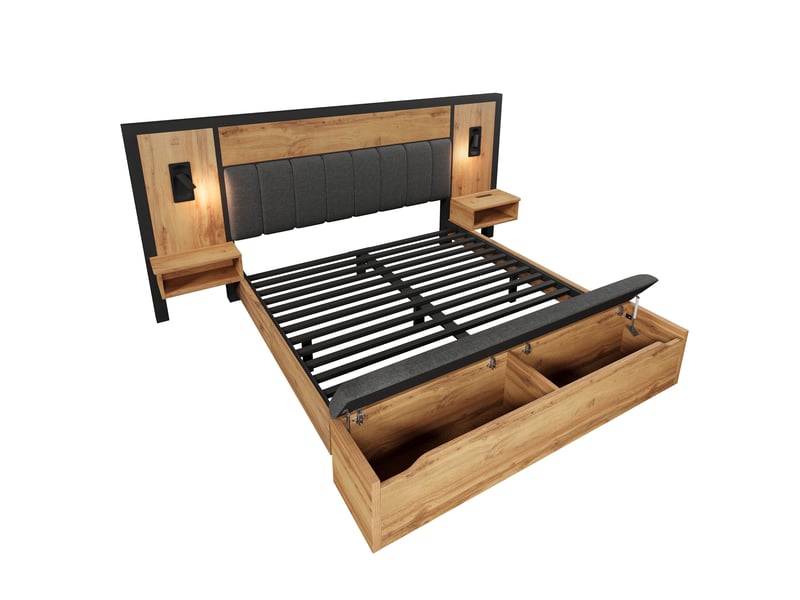 Lit double 160 × 200 cm avec chevets, liseuses usb-c et banc coffre, chêne IKSETERA TRADING LTD - Conforama W