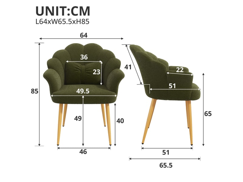  Lot de 6 chaises de salle à manger 64 x 65,5 x 85 cm vertes, tissu peluche, accoudoirs et coussins  - Conforama C