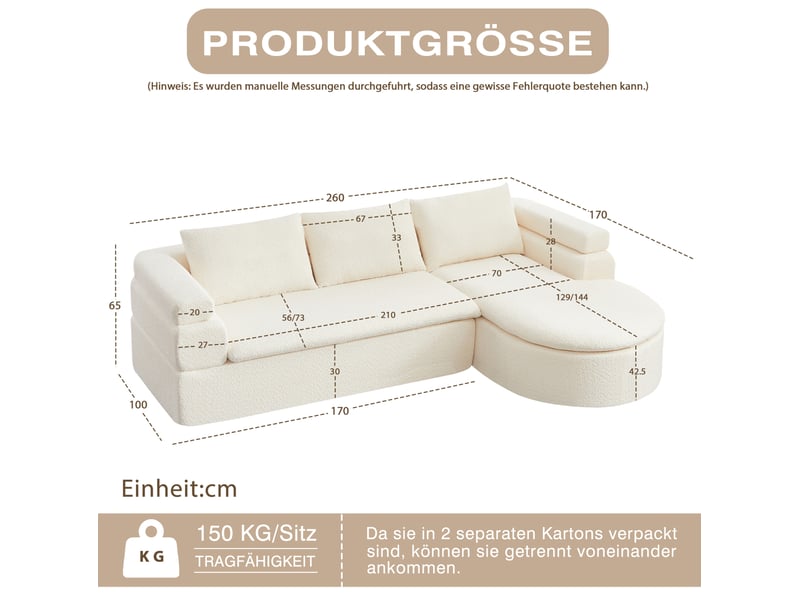  Canapé d'angle modulable 3 places avec chaise longue en chenille beige  - Conforama C