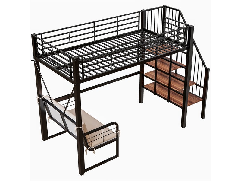 Lit mezzanine avec canapé intégré et escalier de rangement sécurisé, lit superposé 90x200 en métal noir robuste pour adulte et enfant. - Conforama C