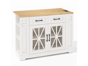 Îlot de cuisine mobile 120 × 4065 × 92 cm en mdf, table rabattable, prises ac et usb, porte vitrée et roulettes freinées